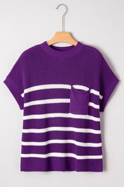 image-Purple Stripe Knit Sweater - Short Sleeve Raw Edge