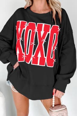 image-Black Bow Sequin XOXO Letter Graphic Exposed Seam Baggy Sweatshirt