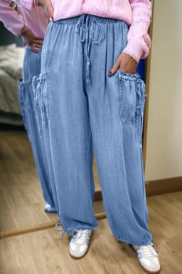 image-Beau Blue Drawstring Elastic Waist Pocketed Loose Denim Pants