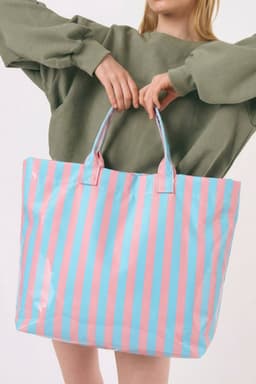 image-Black Glossy Striped Vinyl Large Tote Bag
