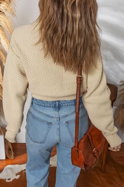 image-Beige Button Front Cropped Cardigan Sweater