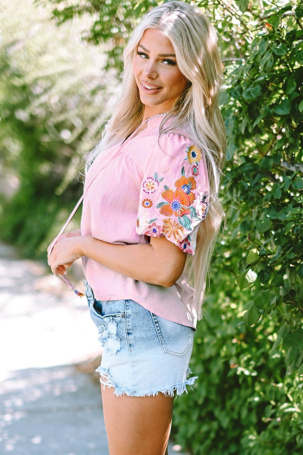 image-Pink Floral Embroidered Puff Sleeve Blouse with Split Neck & Tie Detail