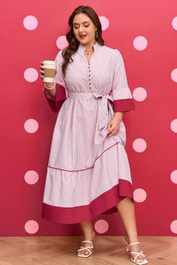 image-Red Stripe Plus Size Ruffled Hem Midi Dress