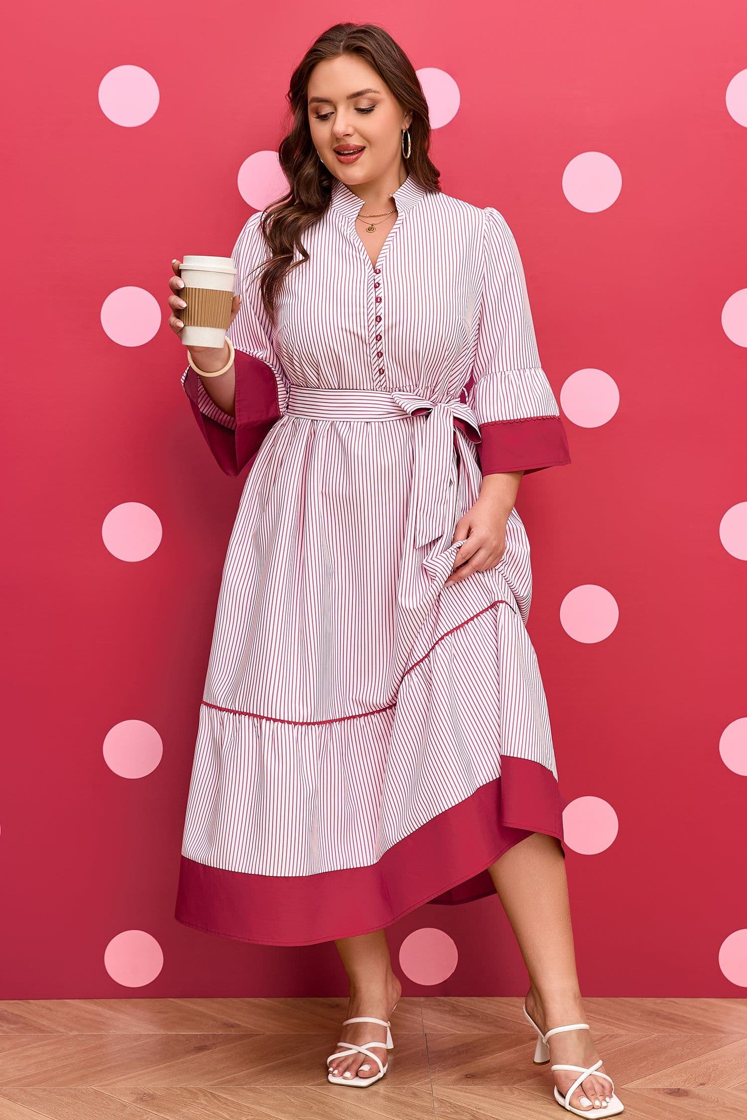 image-Red Stripe Plus Size Ruffled Hem Midi Dress