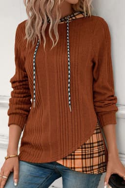 image-Chestnut Plaid Patchwork Ribbed Knit Hooded Top