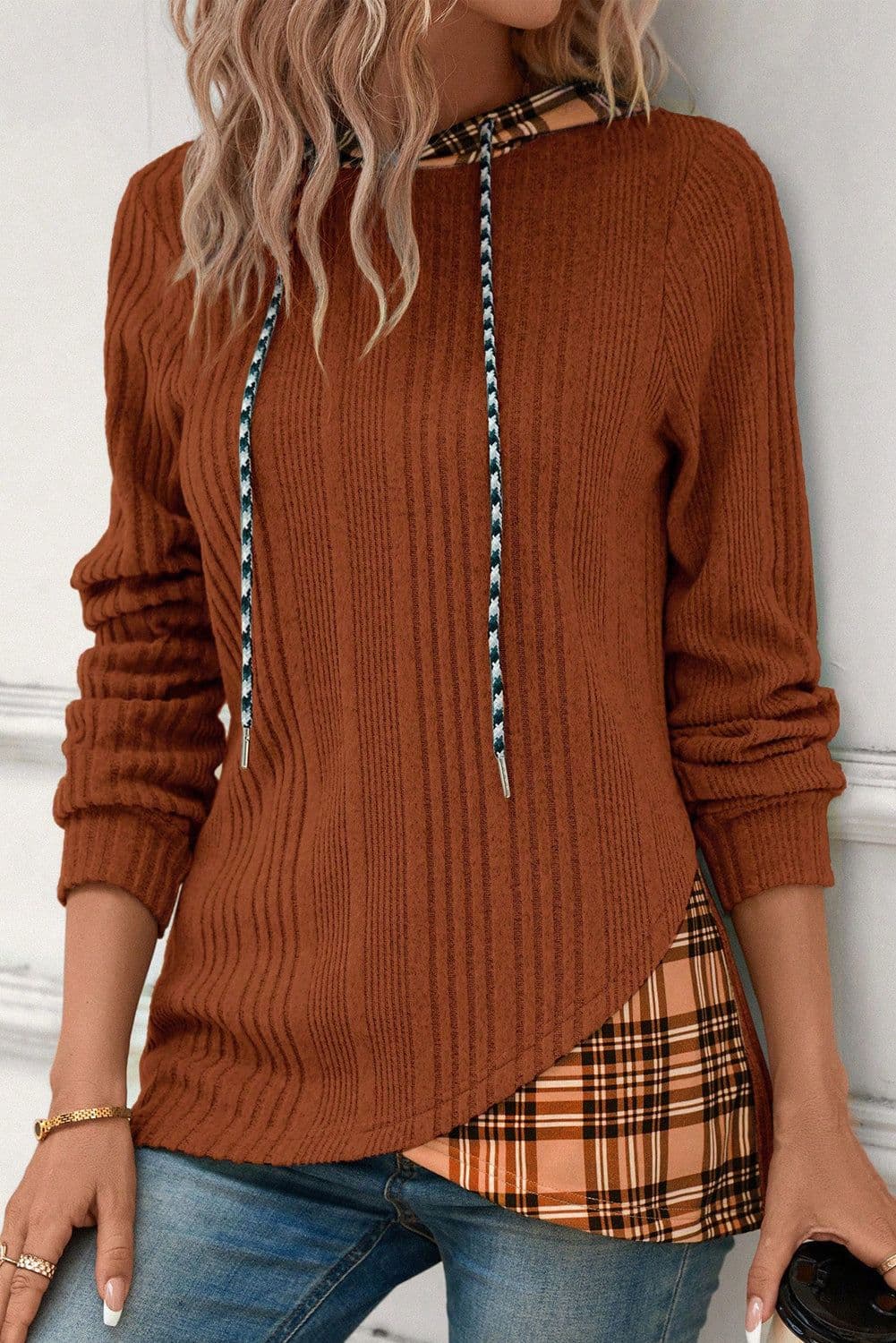 image-Chestnut Plaid Patchwork Ribbed Knit Hooded Top