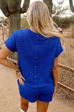 image-Sky Blue Jacquard Buttoned Tee and Shorts Set - Casual, Fashionable