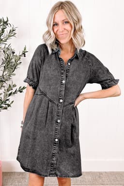 image-Beau Blue Mineral Wash Ruffled Denim Dress