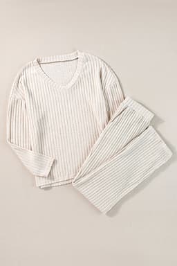 image-Ribbed Knit V Neck Slouchy Two-Piece Outfit - Khaki Modern Chic