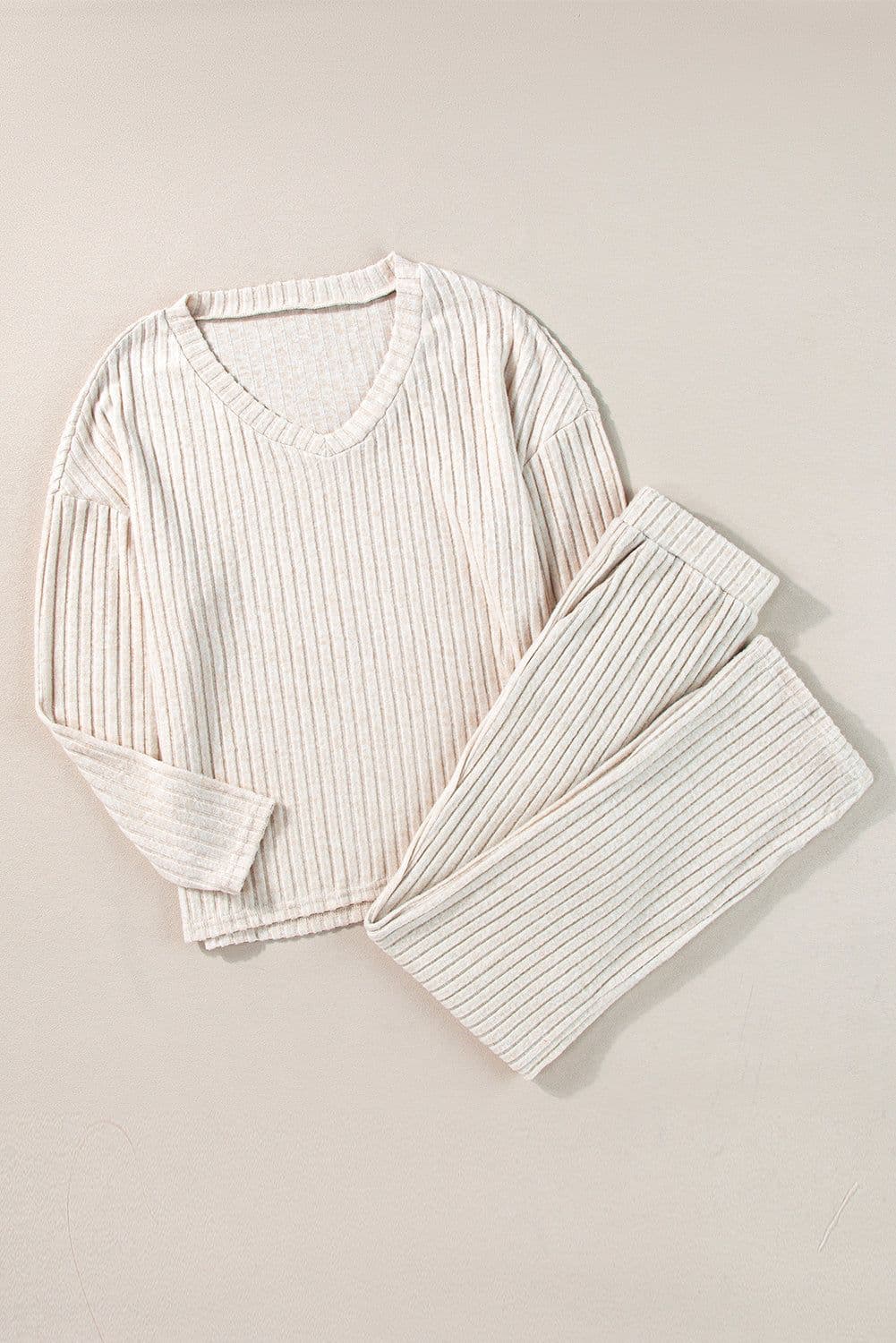 image-Ribbed Knit V Neck Slouchy Two-Piece Outfit - Khaki Modern Chic