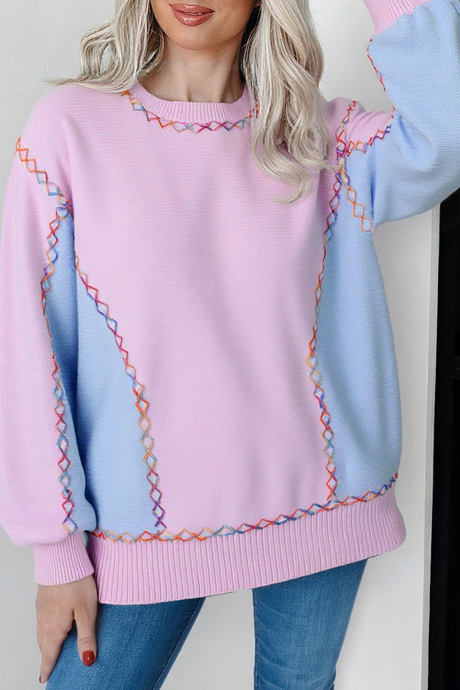 image-White Rainbow Stitching Balloon Sleeve Sweater