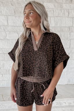 image-Brown V Neck Collar Leopard Printed 2pcs Short Set