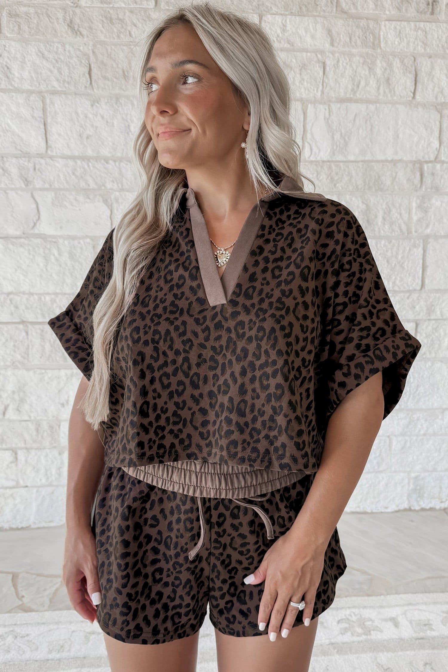 image-Brown V Neck Collar Leopard Printed 2pcs Short Set