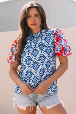 image-Blue Floral Western Print Blouse with Puff Sleeves - Chic Frilled Neck