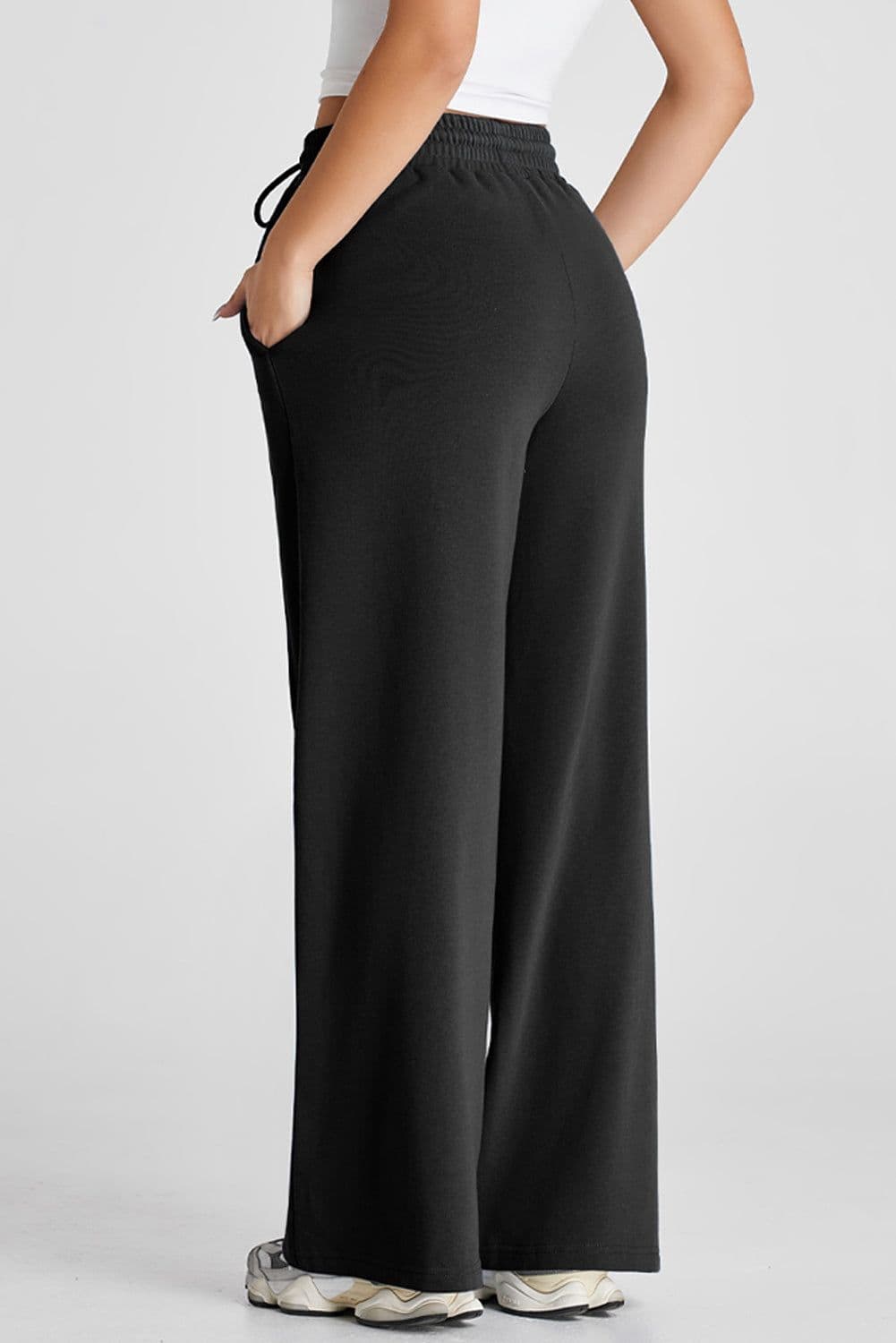 image-Black Seamed Drawstring High Waist Wide Leg Sweatpants