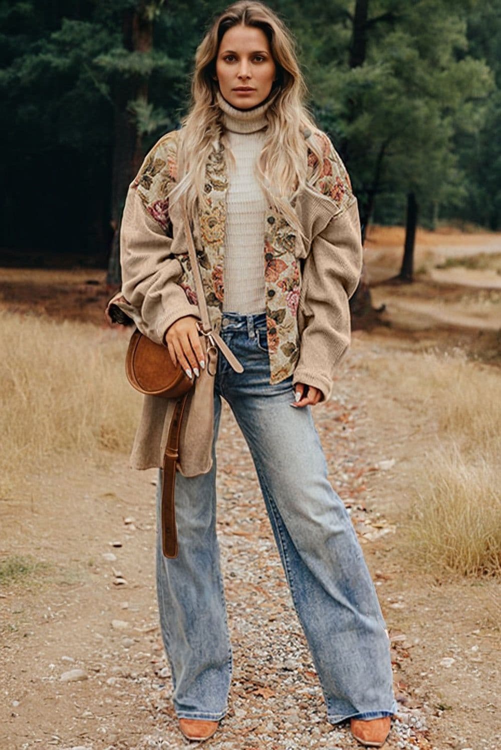 image-Khaki Floral Waffle Knit Patchwork Buttoned Jacket