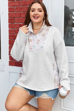 image-Gray Camo Leaves Patchwork Quarter-Zip Sweatshirt Plus