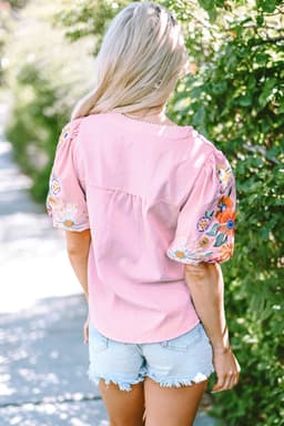 image-Pink Floral Embroidered Puff Sleeve Blouse with Split Neck & Tie Detail