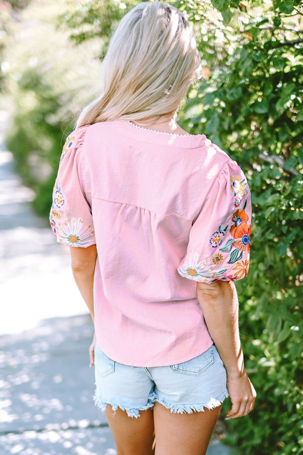 image-Pink Floral Embroidered Puff Sleeve Blouse with Split Neck & Tie Detail