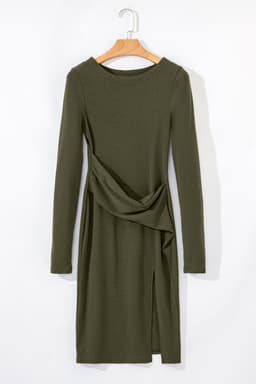 image-Jungle Green Ribbed Long Sleeve Mini Dress with Slits and Ruched Fit
