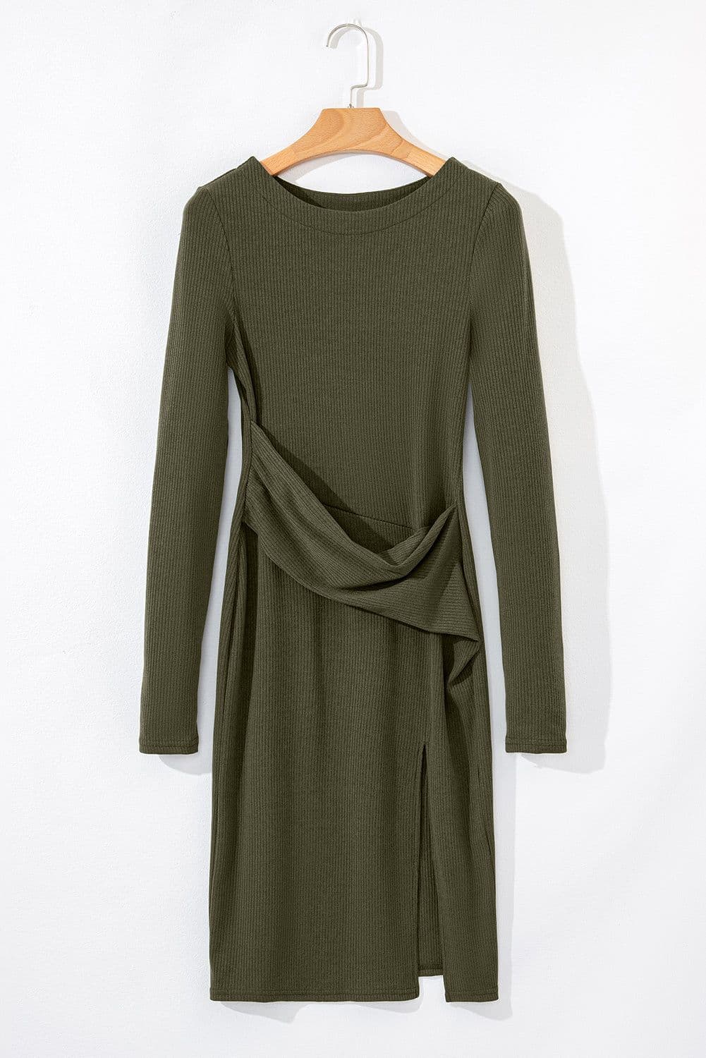 image-Jungle Green Ribbed Long Sleeve Mini Dress with Slits and Ruched Fit