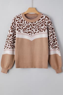 image-Straw Yellow Leopard Color Block Knit Sweater
