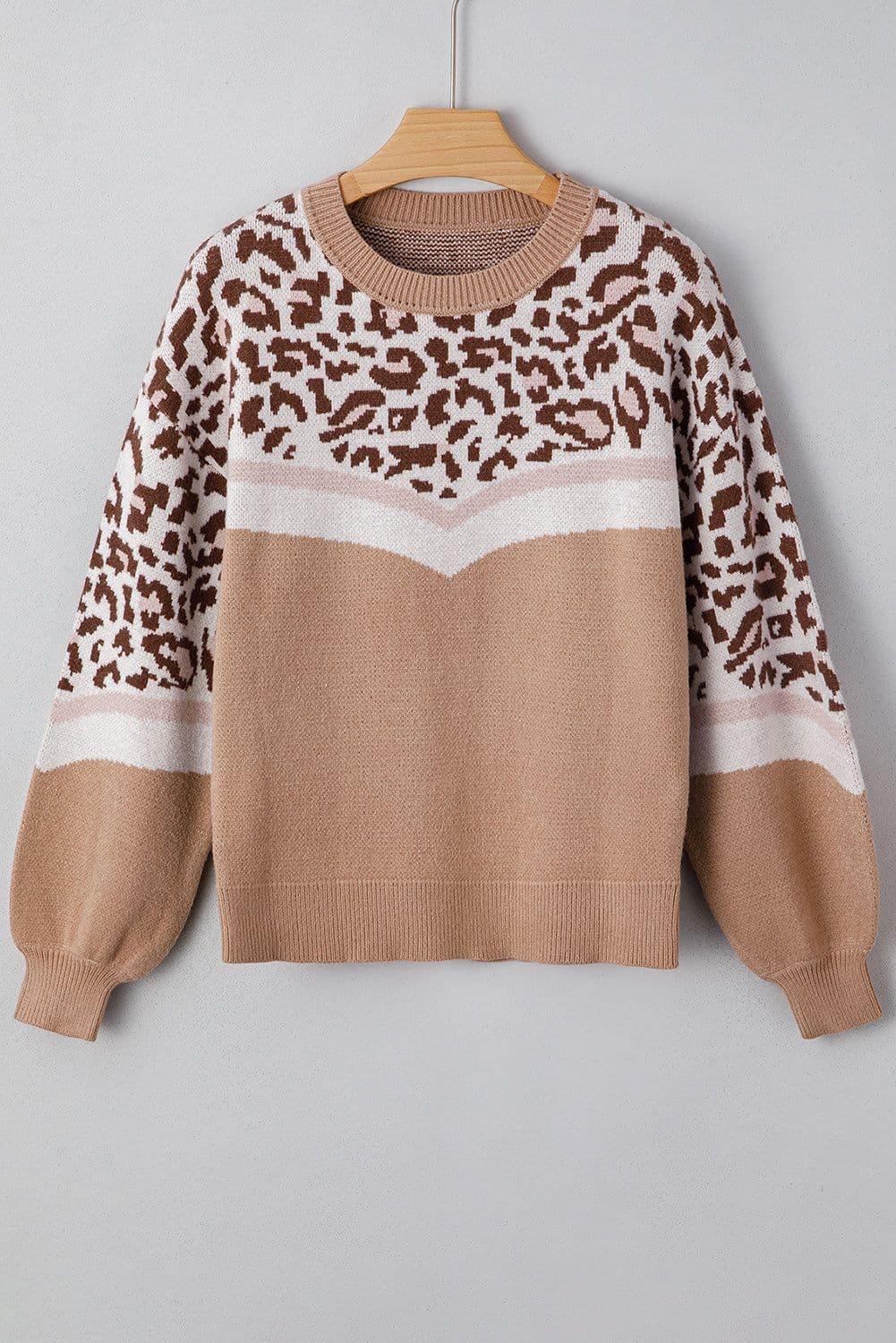 image-Straw Yellow Leopard Color Block Knit Sweater
