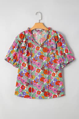 image-Red Floral Ruffle Puff Sleeve Blouse