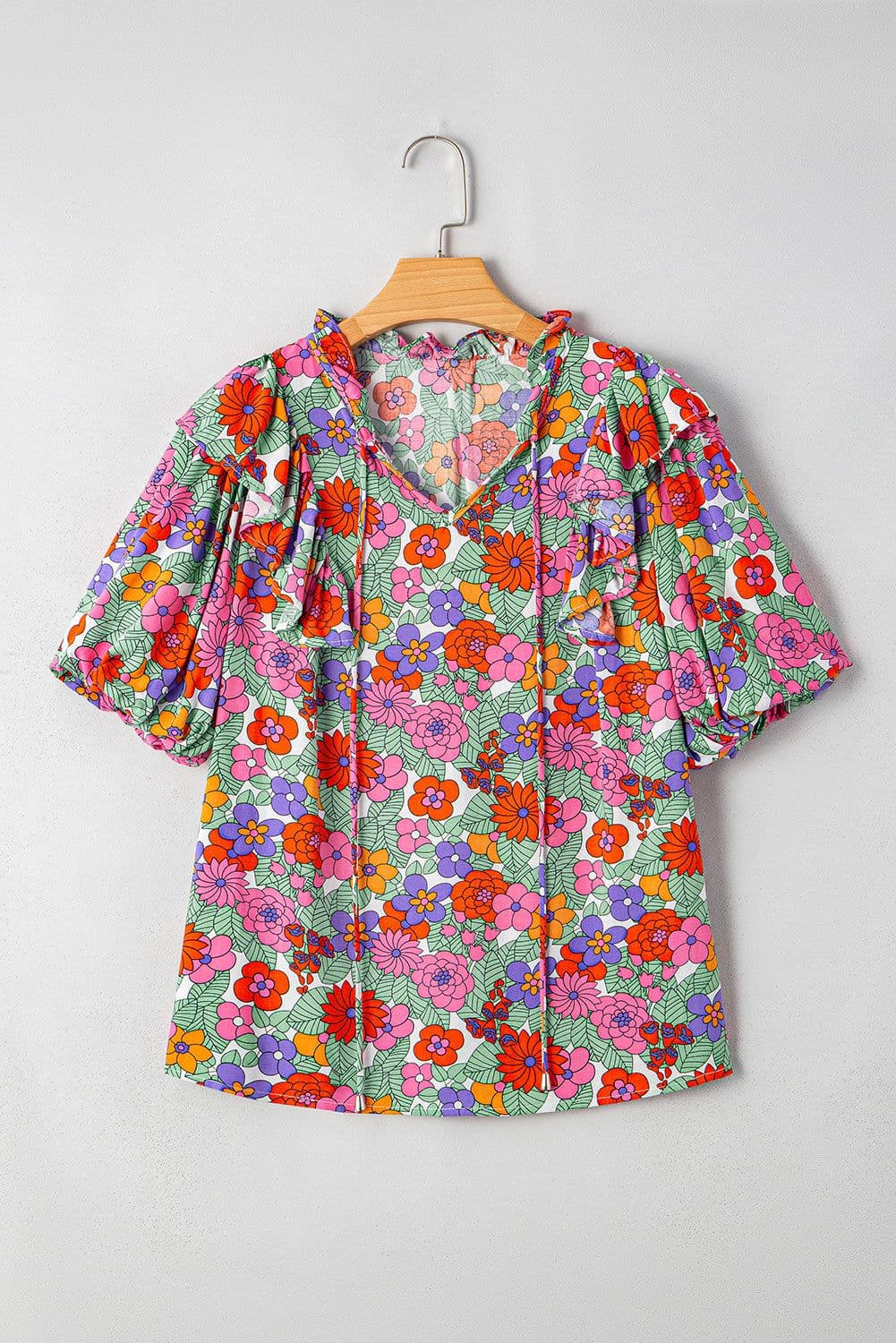image-Red Floral Ruffle Puff Sleeve Blouse