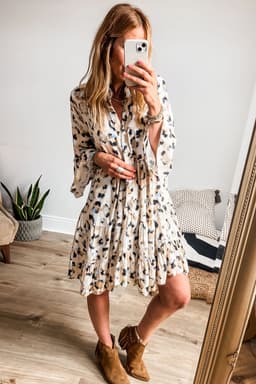 image-Leopard Print Dress - Buttoned Front 3/4 Sleeves, Tiered Ruffled Hem, Black (65 characters)