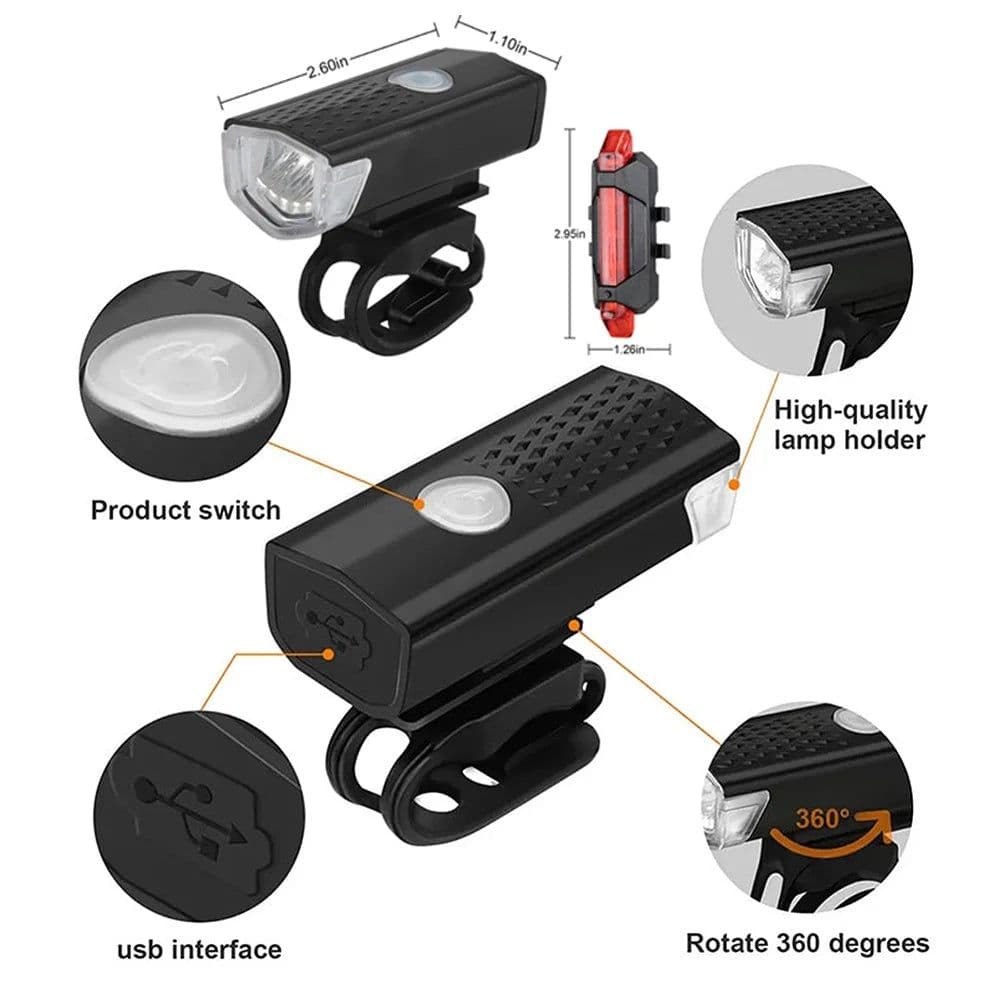 image-USB Rechargeable Bike Light Front Light Red Taillight Easy to Install 3 Modes Bicycle Accessories for the Bicycle