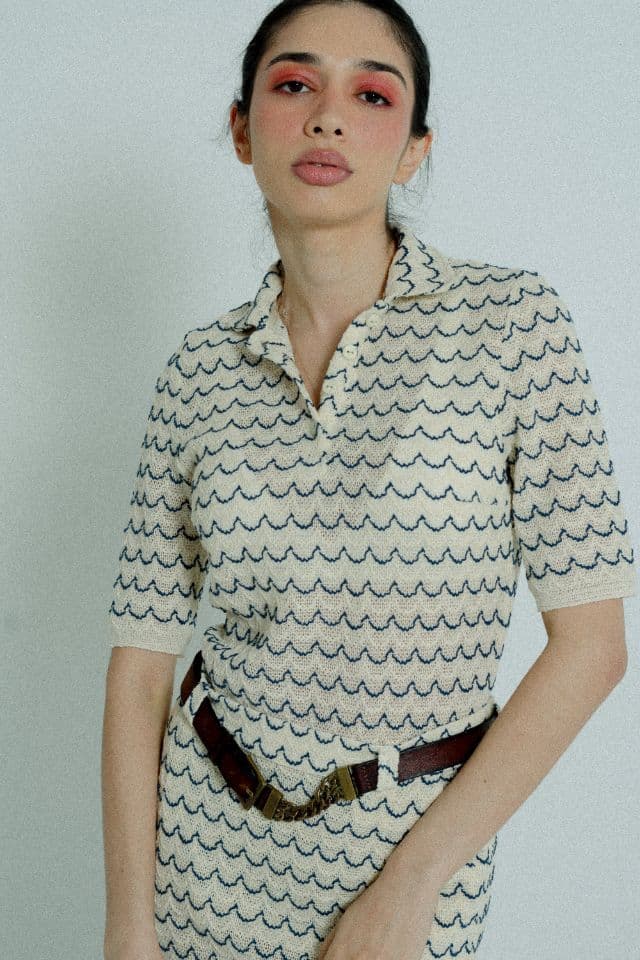 image-Light Weight Short Sleeve Button Up Cotton Knit Shirt Marine