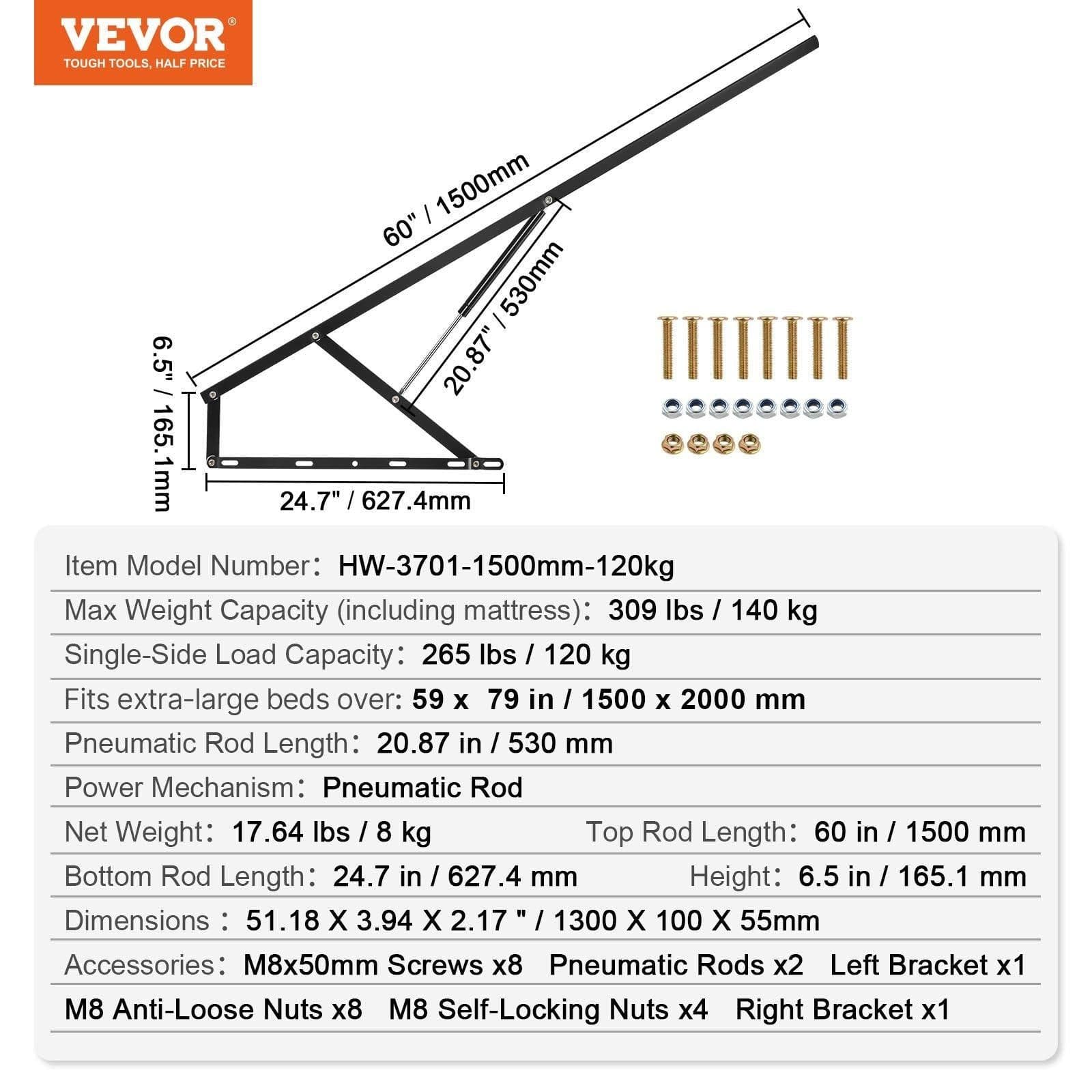 image-VEVOR Bed Lift, 59x79 in Compatible Extra-large Size 309 lbs Load Bearing, DIY Wall Bed Mechanical Hardware Kit Vertical Deluxe, Pneumatic Lever Heavy Duty Support, Folding for Guestroom