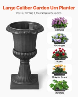 image-VEVOR Jardinière Urne Plastique, 25 x 42 cm, Pot de Fleurs Classique, Lot de 2, pour Intérieur, Extérieur, Mariage, Fêtes, Événements, Scène, Entrées, Couloirs, Jardin, Balcon, Terrasse, Porche, Noir