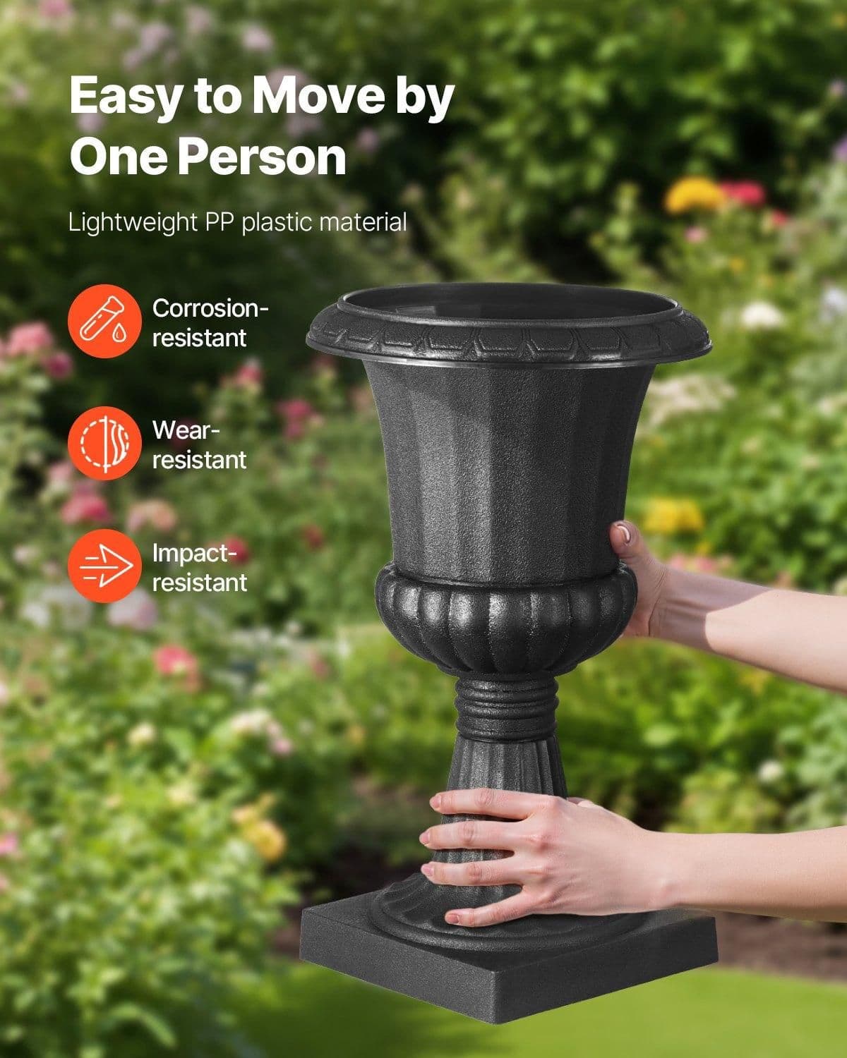 image-VEVOR Jardinière Urne Plastique, 25 x 42 cm, Pot de Fleurs Classique, Lot de 2, pour Intérieur, Extérieur, Mariage, Fêtes, Événements, Scène, Entrées, Couloirs, Jardin, Balcon, Terrasse, Porche, Noir