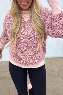 image-Khaki Leopard Print Patchwork Crew Neck Sweatshirt