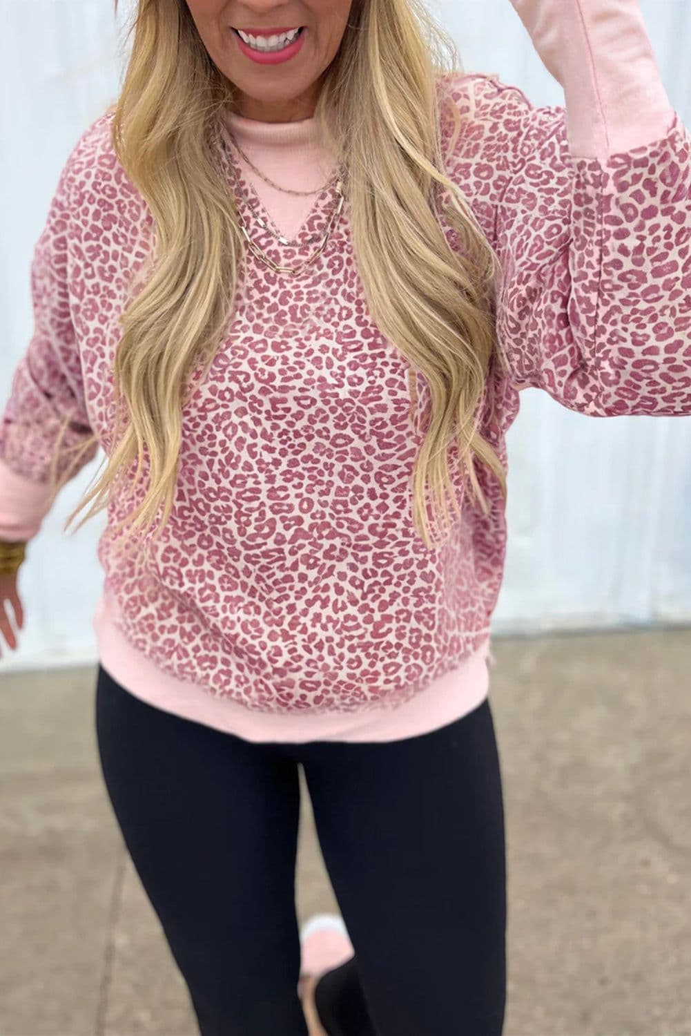 image-Khaki Leopard Print Patchwork Crew Neck Sweatshirt