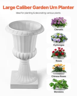 image-VEVOR Jardinière Urne Plastique, 40 x 67 cm, Pot de Fleurs Classique, Lot de 2, pour Intérieur, Extérieur, Mariage, Fêtes, Événements, Scène, Entrées, Couloirs, Jardin, Balcon, Terrasse, Porche, Blanc