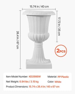 image-VEVOR Jardinière Urne Plastique, 40 x 67 cm, Pot de Fleurs Classique, Lot de 2, pour Intérieur, Extérieur, Mariage, Fêtes, Événements, Scène, Entrées, Couloirs, Jardin, Balcon, Terrasse, Porche, Blanc