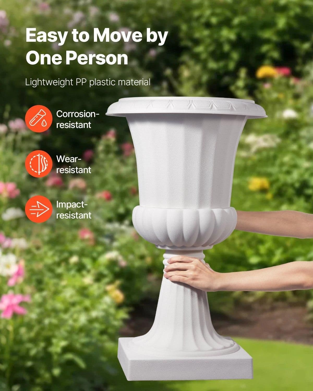 image-VEVOR Jardinière Urne Plastique, 40 x 67 cm, Pot de Fleurs Classique, Lot de 2, pour Intérieur, Extérieur, Mariage, Fêtes, Événements, Scène, Entrées, Couloirs, Jardin, Balcon, Terrasse, Porche, Blanc
