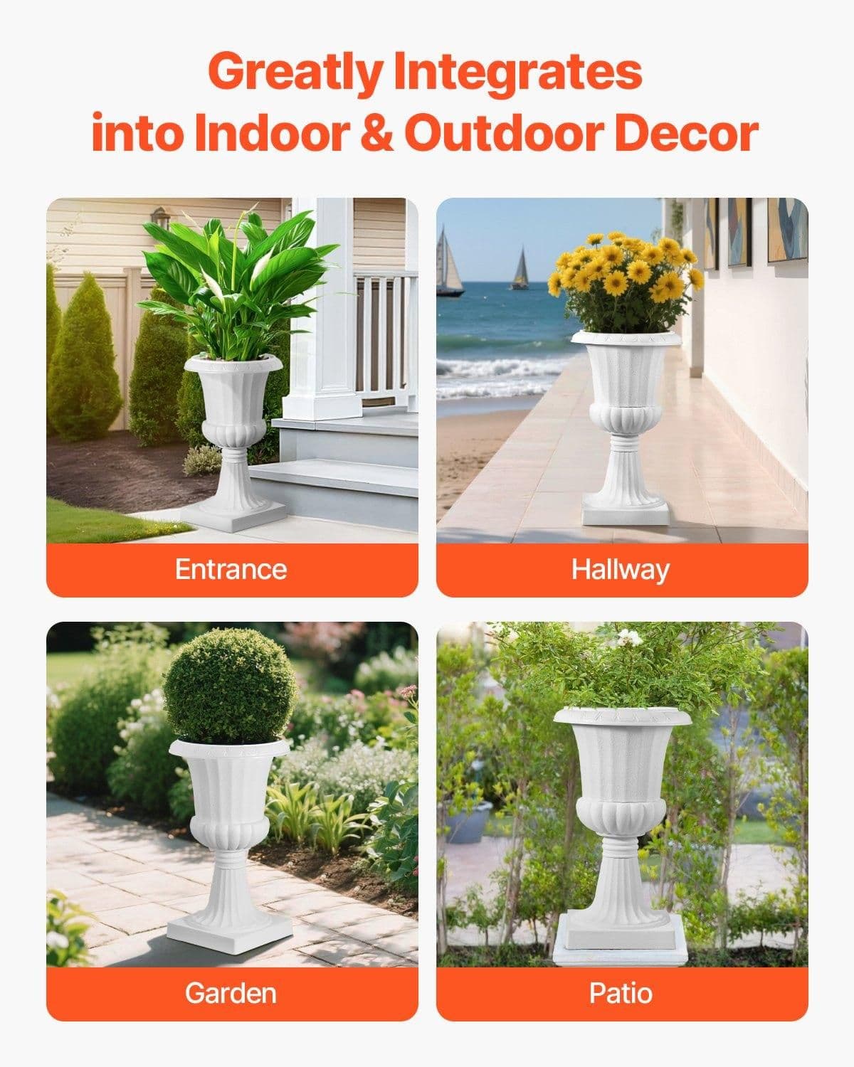 image-VEVOR Jardinière Urne Plastique, 40 x 67 cm, Pot de Fleurs Classique, Lot de 2, pour Intérieur, Extérieur, Mariage, Fêtes, Événements, Scène, Entrées, Couloirs, Jardin, Balcon, Terrasse, Porche, Blanc