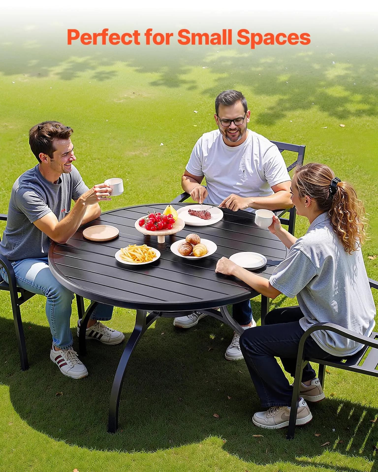 image-VEVOR Outdoor Patio Dining Table, 47 inch Round Metal Steel Slat Backyard Bistro Tables, with 1.5 in Umbrella Hole, Outside All-Weather Large Furniture for Lawn Garden Porch, Black