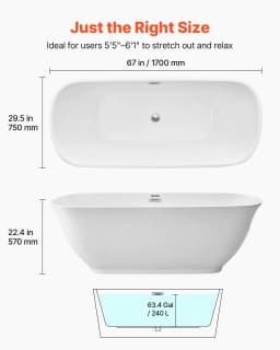 image-VEVOR Acrylic Freestanding Bathtub, 67 Inch Contemporary Soaking White Tub with Polished Chrome Overflow and Drain, Elegant Oval Shape Stand Alone Soaker Tub for Modern Bathroom or Remodel Projects