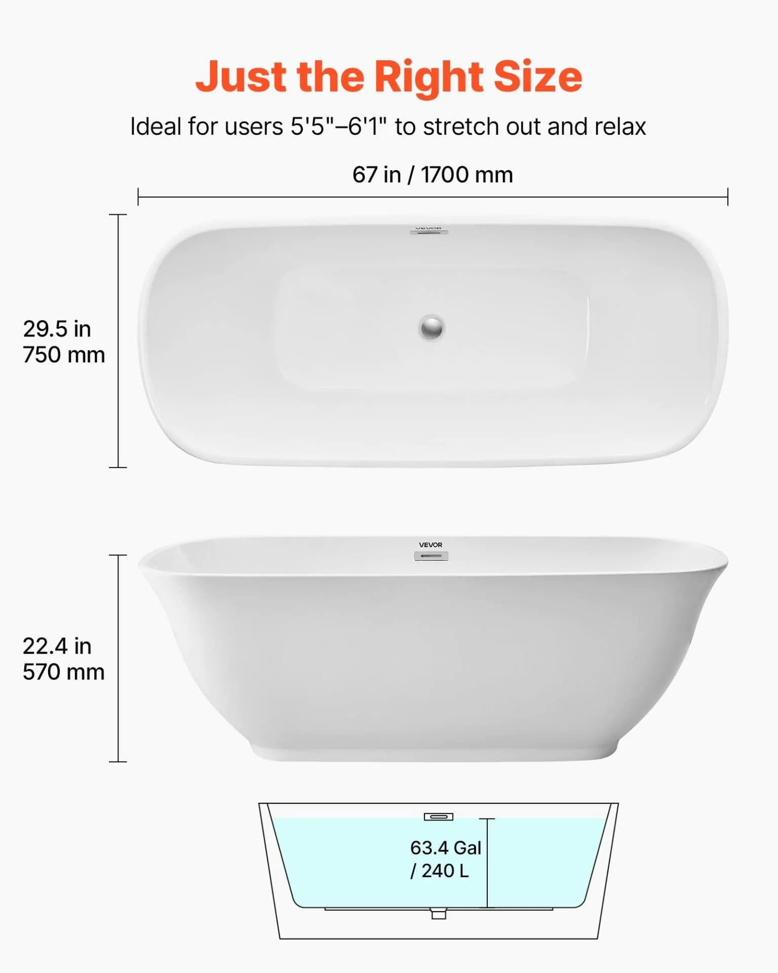 image-VEVOR Acrylic Freestanding Bathtub, 67 Inch Contemporary Soaking White Tub with Polished Chrome Overflow and Drain, Elegant Oval Shape Stand Alone Soaker Tub for Modern Bathroom or Remodel Projects
