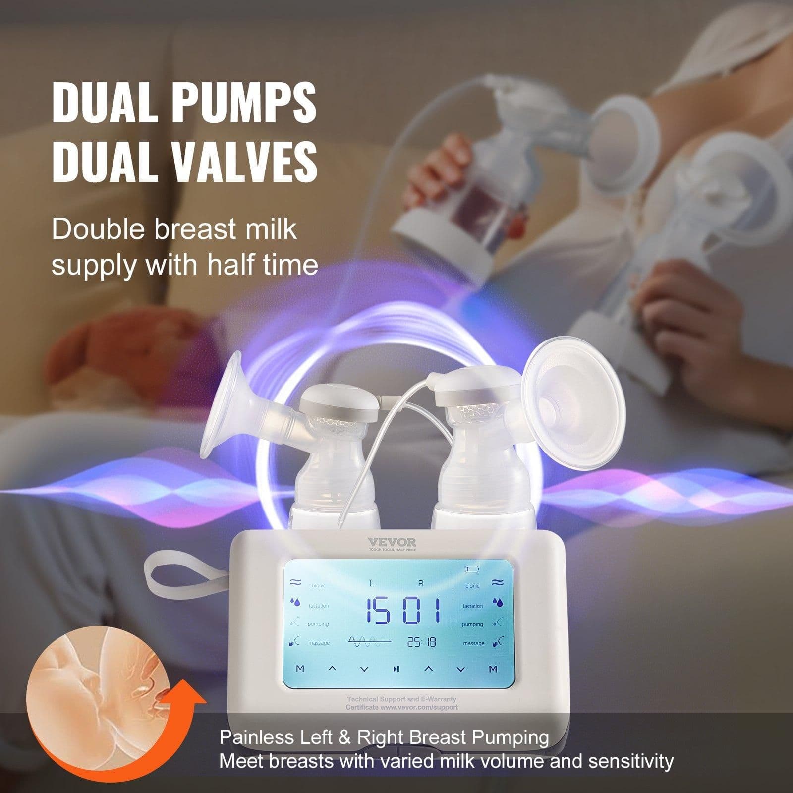 image-VEVOR Breast Pump, Single/Double Adjustable Electric Breast Pumps, 4 Modes & 9/15 Levels, Reciprocating Piston Pumps, 4000mAH Anti-Backflow Breastfeeding Pump with 300mmHg High Suction, 18/22mm Flange