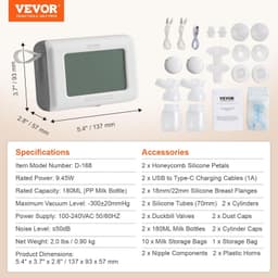 image-VEVOR Breast Pump, Single/Double Adjustable Electric Breast Pumps, 4 Modes & 9/15 Levels, Reciprocating Piston Pumps, 4000mAH Anti-Backflow Breastfeeding Pump with 300mmHg High Suction, 18/22mm Flange