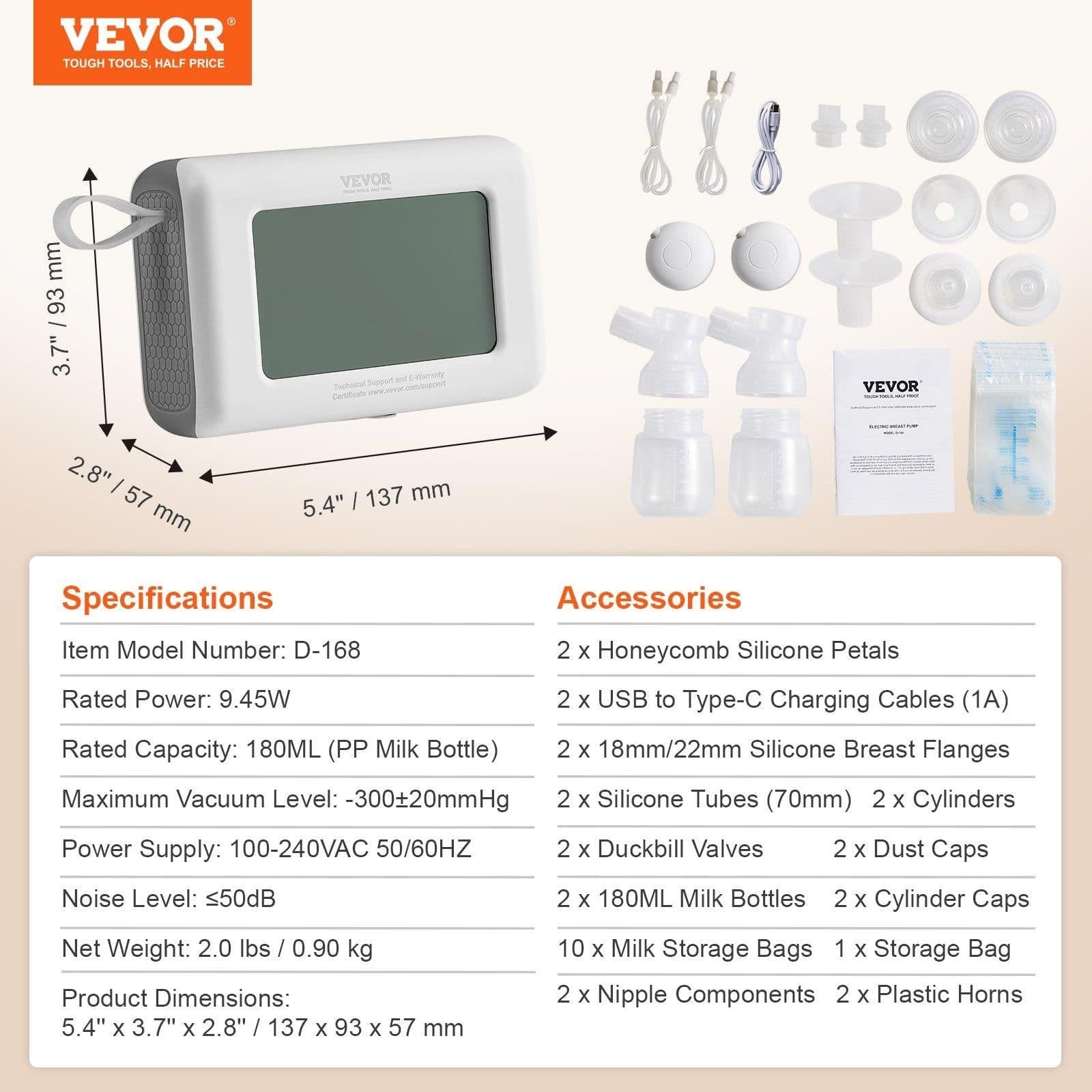 image-VEVOR Breast Pump, Single/Double Adjustable Electric Breast Pumps, 4 Modes & 9/15 Levels, Reciprocating Piston Pumps, 4000mAH Anti-Backflow Breastfeeding Pump with 300mmHg High Suction, 18/22mm Flange