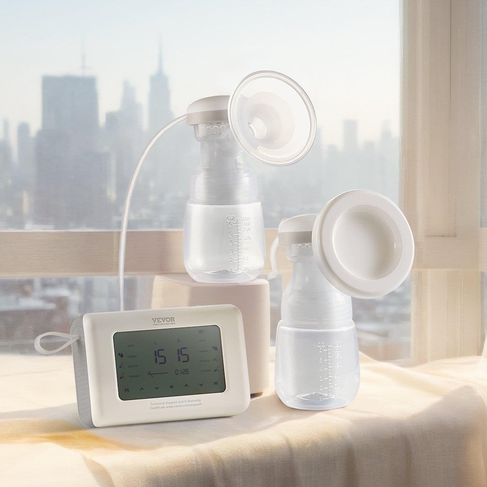 image-VEVOR Breast Pump, Single/Double Adjustable Electric Breast Pumps, 4 Modes & 9/15 Levels, Reciprocating Piston Pumps, 4000mAH Anti-Backflow Breastfeeding Pump with 300mmHg High Suction, 18/22mm Flange