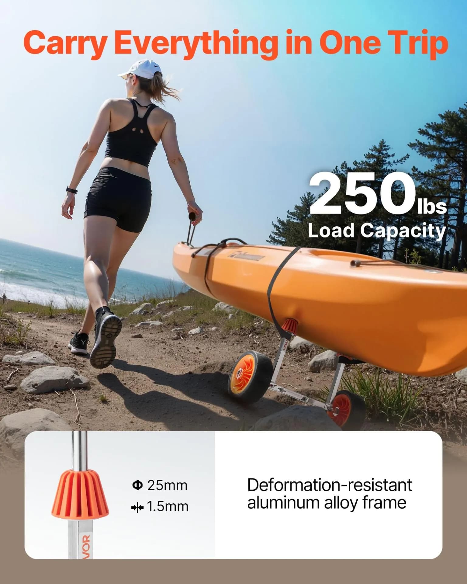 image-VEVOR Kayak Cart - 250 lbs Capacity Stainless Steel Dolly