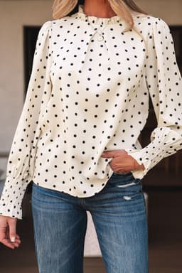 image-Apricot Polka Dot Print Frilled Collar Lantern Sleeve Blouse